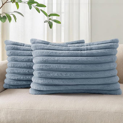 Pallene Faux Fur Plush Lumbar Throw Pillow Covers 12x20 Set of 2, Luxury Soft Fluffy Striped Decorative Pillow Covers for Sofa, Couch, Living Room, Blue Grey