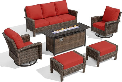 HERA'S HOUSE Red Patio Furniture Set, 6-Piece Outdoor Seating Conversation Sets with High Back Wicker Sofa, Swivel Chairs with 5.5" Thick Cushions, Fire Pit Table & Ottomans for Deck Yard Garden