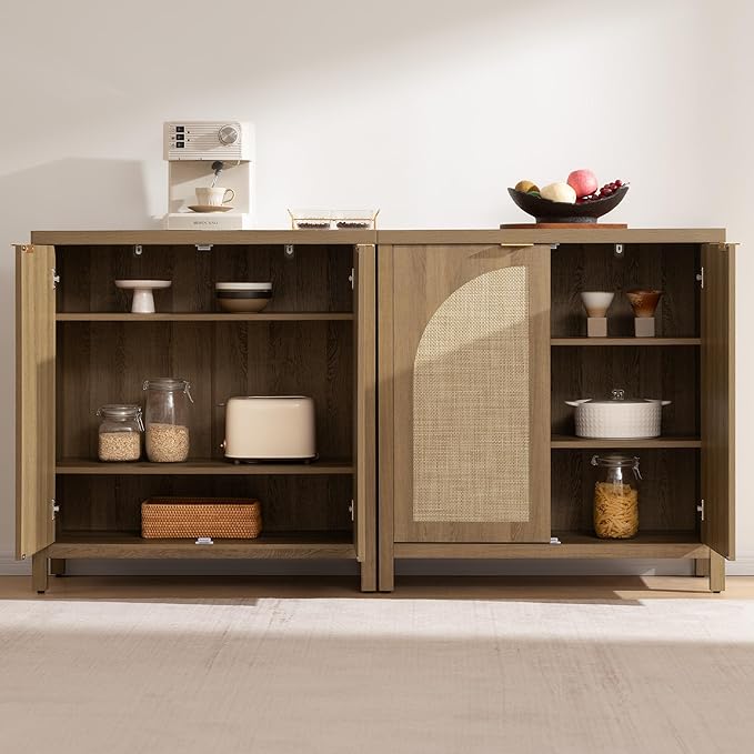 SICOTAS Rattan Sideboard Buffet Cabinet with Storage, Mid Century Modern Credenza Storage Cabinet with Arch Doors & Shelves Farmhouse Coffee Bar Media Console Cabinets for Living Room, Entryway
