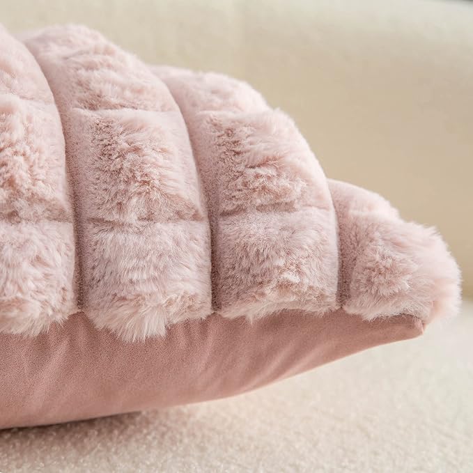 Neelvin Pink Faux Fur Cozy Soft Plaid Decorative Throw Pillow Covers 20x20 inch Set of 2,Velvet Pillowcase Cushion Case for Sofa Couch