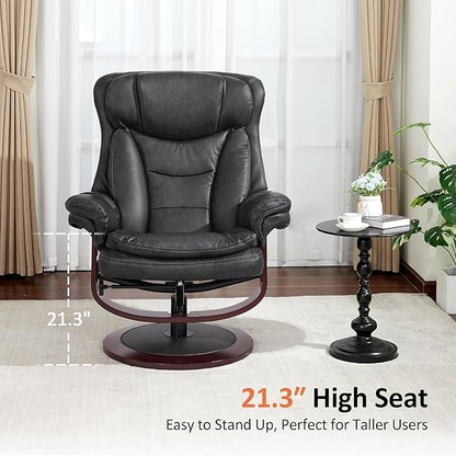 MCombo Oversized Swivel Recliner Chair with Ottoman, Adjustable Backrest, 360° Wood Base, High Seat, Faux Leather Lounge Chair for Tall Users in Living Room, Bedroom, or Office 4651 (Dark Grey)