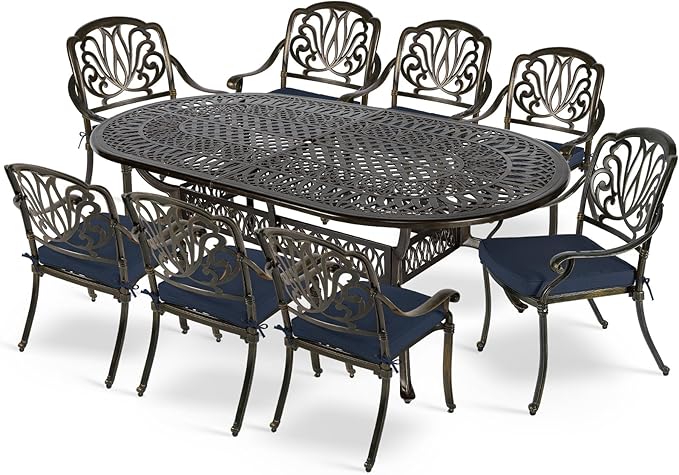 MEETWARM 9-Piece Outdoor Patio Dining Set, 8 Outdoor Dining Cushioned Chairs and 1 Oval Table with 2" Umbrella Hole, All Weather Cast Aluminum Patio Funiture Set for Backyard, Patio, Garden, Navy Blue