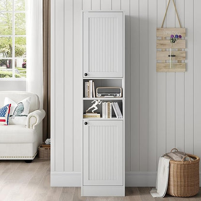 Farmhouse Bathroom Cabinet with 2 Doors, 67" Tall Slim Freestanding Cabinet, Narrow Floor Storage Unit with Open Shelf and Adjustable Shelves for Bathroom, Living Room, Kitchen, White