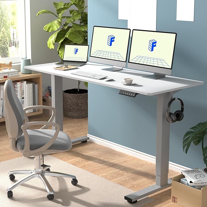 FLEXISPOT EN1 One-Piece Adjustable Stand Up Desk Workstation - Electric Standing Desk with Seamless Desktop (Silver Frame + 60 inches White Top, 2 Packages)