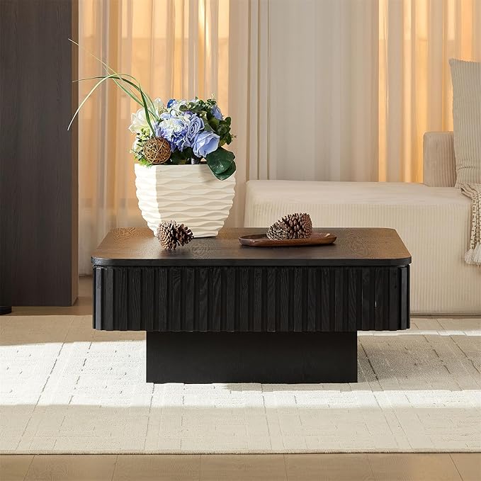 Square Lift-top Coffee Table for Living Room, Fluted Coffee Tables with Hidden Storage, Solid Wood Veneered Modern Tea Center Table for Small Space Apartment (Black-35.43''D×14.57''H)