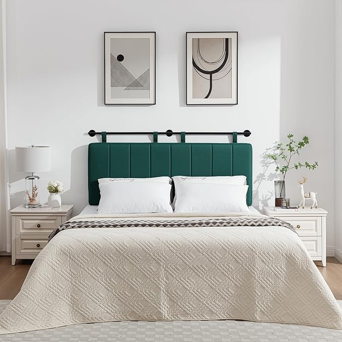 UEV King Headboard Only, Wall Mounted Hanging Upholstered Bed Head Board, Modern Vertical Channel Design of Fine Linen, Elegant Light Yellow Fluted Headboard for Bedroom (Dark Green, King Size)