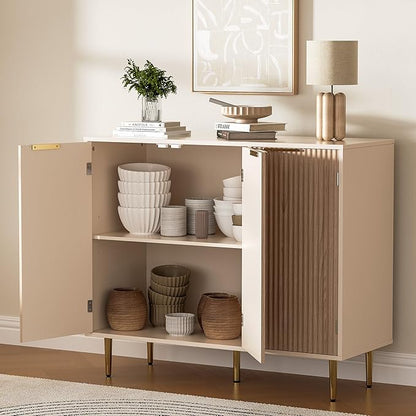 Fluted Sideboard Buffet with 3 Doors, Modern Accent Cabinet with Adjustable Shelves, Kitchen Storage Cabinet with Golden Handles, Coffee Bar for Kitchen, Living Room, Oak