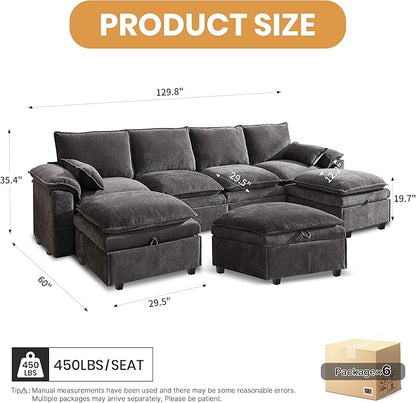 130" U Shaped Modular Sectional Sofa, Couch with Ottoman Storage, Chenille Cloud Couch with Plush Deep Seating for Living Room, Bedroom (7 Seat, Grey)