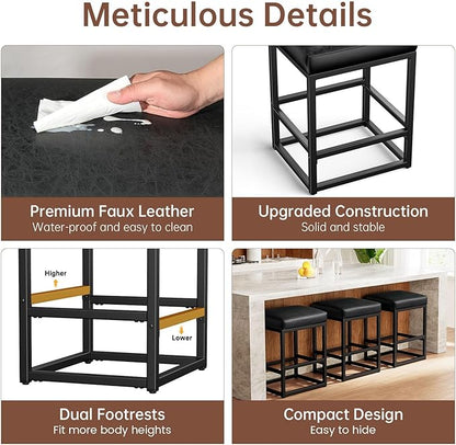 Counter Height Bar Stools Set of 2, 24" Barstools for Kitchen Countertop, Faux Leather Counter Stools with Thick Square Seats & Sturdy Metal Base, Simple Assembly, Black