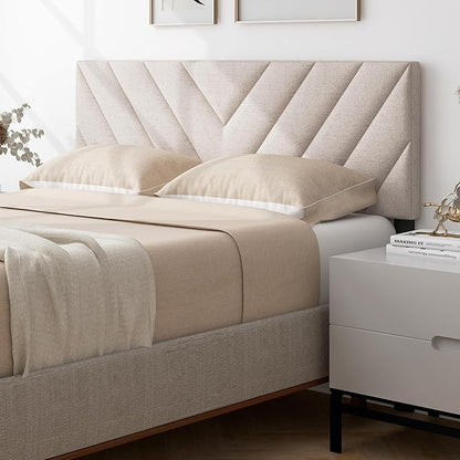 KOMFOTT Linen Fabric Upholstered Headboard for Full/Queen Size Bed, Rectangular Headboard with Solid Wood Legs & Adjustable Width, Padded Full/Queen Bed Headboard, Easy Assembly, Beige