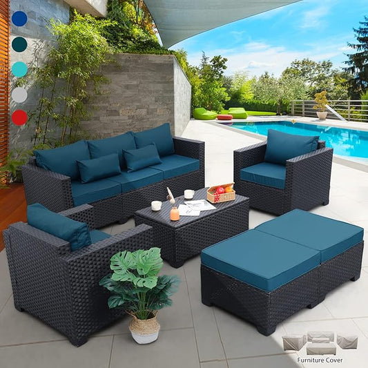Rattaner Patio Furniture Set 6 Pieces Couch Outdoor Chairs Coffee Table Peacock Blue Anti-Slip Cushions and Waterproof Covers