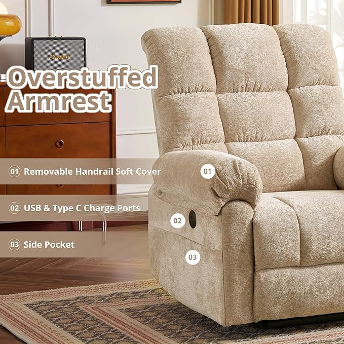 Oversized Power Lift Recliner Chair for Elderly, Electric Lift Chair with Masssage and Heat, Overstuffed Power Recliner for Adults, 3 Positions,USB Ports, Side Pockets,Beige