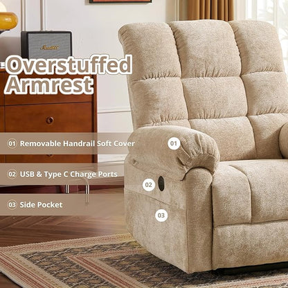 Oversized Power Lift Recliner Chair for Elderly, Electric Lift Chair with Masssage and Heat, Overstuffed Power Recliner for Adults, 3 Positions,USB Ports, Side Pockets,Beige