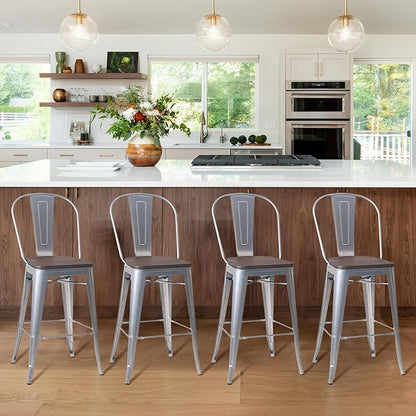 Aklaus Swivel Metal Bar Stools Set of 4 Counter Bar Stools with Back Counter Height Stools Swivel Metal Bar Chairs Wooded Seat 30 Inch Silver