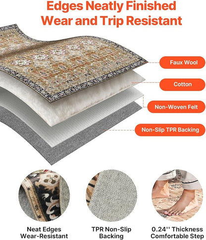 VEVOR 8 x 10 Area Rug, Washable Rug Non-Slip and Tear-Resistant Soft Carpet Pet & Child Friendly, Vintage Area Rugs Indoor Mat for Bedroom Living Room Kids Room Office Brown Green