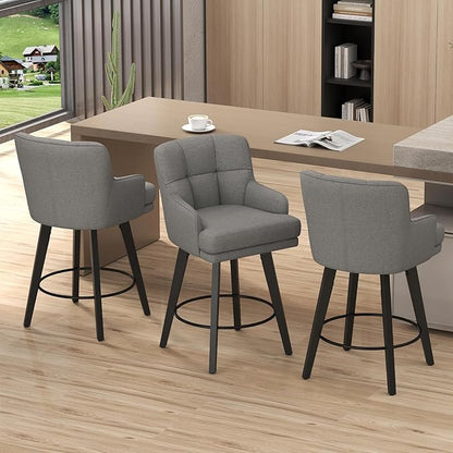 360°Swivel Counter Height Bar Stools with Back, 26 inch Solid Wood Legs, Bar Stool Modern Kitchen Island Chairs, Fabric (Mid-Grey- Fabric, 26" H- Set of 3)