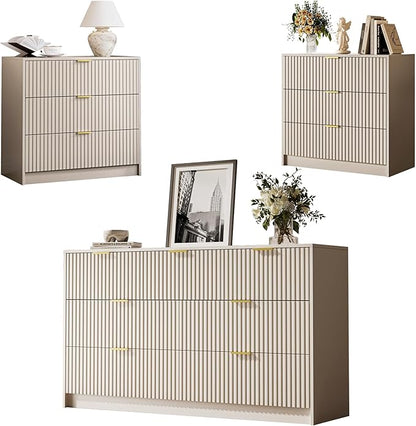 3 Piece Dresser Bedroom Set, 7 Drawer Dresser & 3 Drawer Nightstands with Gold Handles, Fluted Wood Chest of Drawers for Bedroom, Living Room, Entryway, Beige