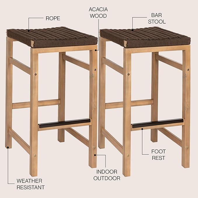 JONATHAN Y BSL1201C-SET2 Armand 30" Modern Coastal Backless Acacia Wood Outdoor Bar Stool with Woven Rope Seat, for Pool, Deck, Poolside, Light Teak/Brown (Set of 2)