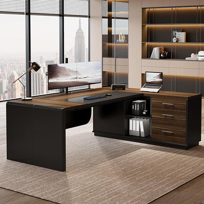 Tribesigns 81-Inch L-Shaped Office Desk, Large Commercial Office Desk with Drawers and File Cabinet, Modern Professional Business Furniture Workstations with Storage Shelves, Brown & Black