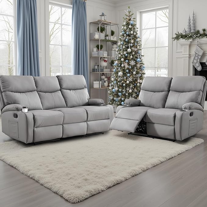 Manual Recliner Sofa Set Anti-Scratch 3 Seats Reclining, Sofa Couches with Side Pocket and Cupholders Wall Hugger Leather Couch for RV Living Room Home Theater Bedroom Apartment