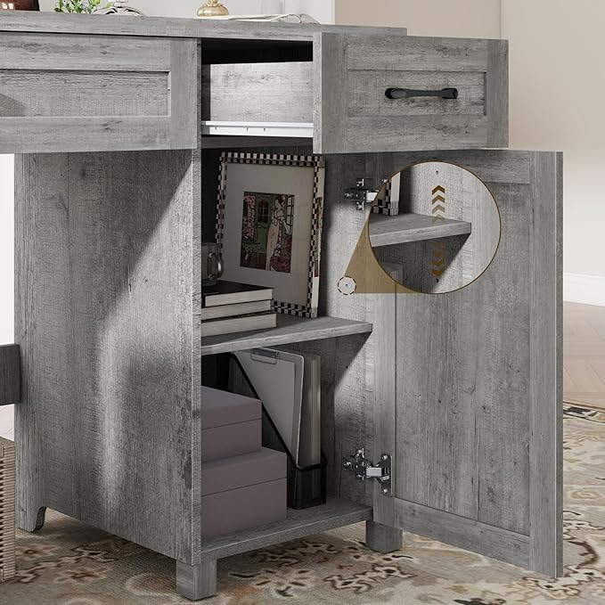 Farmhouse 47" Executive Desk, Computer Desk with Drawers and Storage Cabinet, Workstation Computer Desk for Home Office and Study(Grey