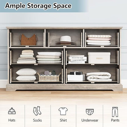 7 Drawer Dresser for Bedroom, 57" Wide Wooden Chest of Drawers, Rustic Farmhouse Dresser with Large Drawers & Metal Handles, Modern Storage Organizer for Closet, Living Room, Hallway, Grey