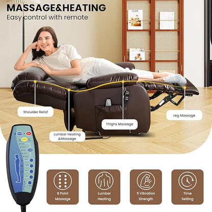 TEKAMON Power Lift Recliner Chair for Elderly with Heat & Massage, Dual Motor Genuine Leather Recliner, Lay Flat Sleeping Chairs with Infinite Position, RemoteControl(Brown, Extended)