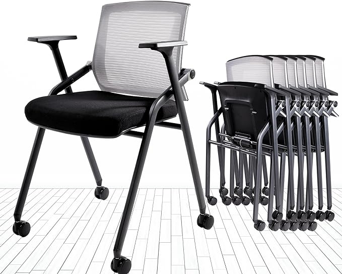 Conference Room Chairs, Folding Office Desk Chair with Lumbar Support and Sliding Armrest with Casters, Stackable Office Guest Chairs & Reception Chairs (2 Pack)