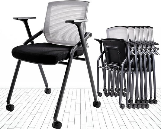 Conference Room Chairs, Folding Office Desk Chair with Lumbar Support and Sliding Armrest with Casters, Stackable Office Guest Chairs & Reception Chairs (2 Pack)