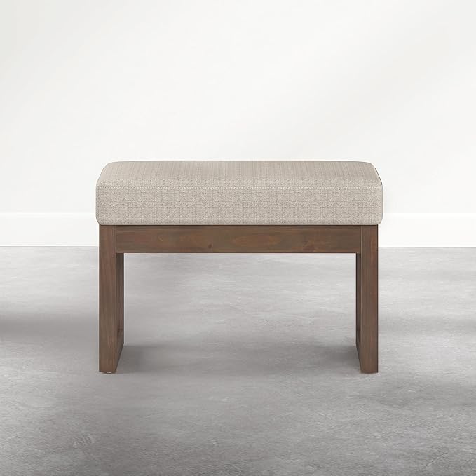 SIMPLIHOME Milltown Footstool - 27 inch Wide Upholstered Solid Wood Rectangular Small Ottoman Bench in Beige Cream, Contemporary Footrest for Entryway or Bedroom with Cushioned Seat & Compact Design