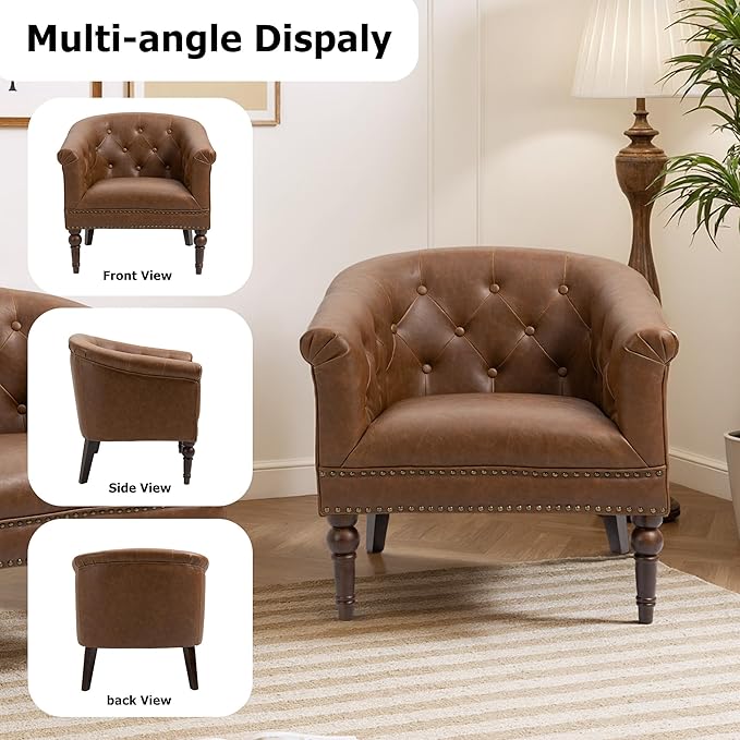 Lumibee Faux Leather Barrel Chair, Upholstered Accent Chair for Living Room, Modern Comfy Club Armchair for Office, Bedroom, Waiting Room-Brown