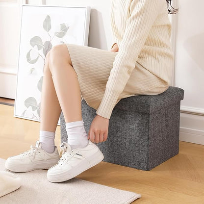 CUYOCA Storage Ottoman Cube Small Footrest Foldable Seat Foot Stools Square Tufted Ottoman Linen Beige