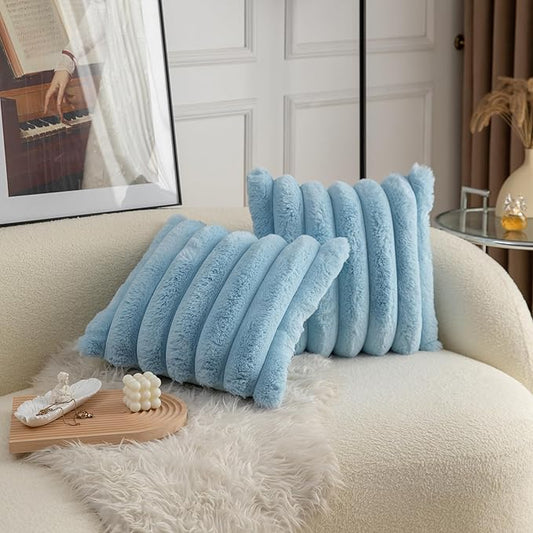Neelvin Blue Faux Fur Cozy Soft Striped Decorative Throw Pillow Covers 26x26 inch Set of 2,Velvet Pillowcase Cushion Case for Sofa Couch