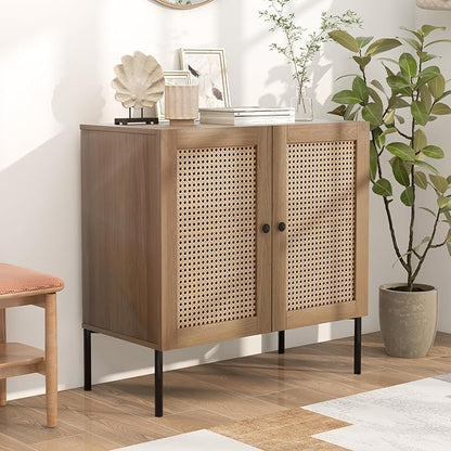 COSTWAY Buffet Cabinet with Storage, Storage Sideboard with Rattan Decorated Doors, Adjustable Shelf, Metal Legs, Accent Cabinet, Buffet Table Credenza for Hallway, Entryway, Living Room (2, Oak)