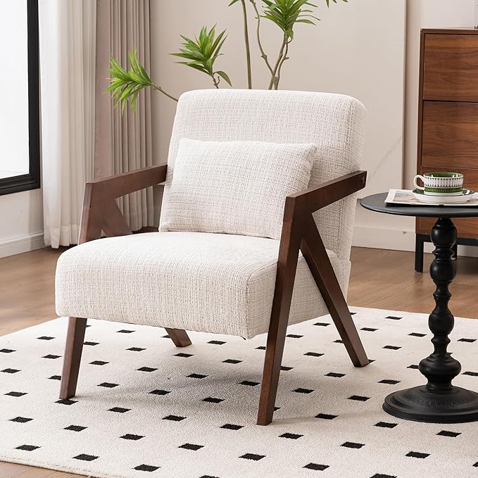 Mid-Century Modern Accent Chair with Solid Wood Frame，Upholstered Chenille Living Room Arm Chairs with Pillow for Bedroom, Living Room, Reading Room, Balcony, Beige