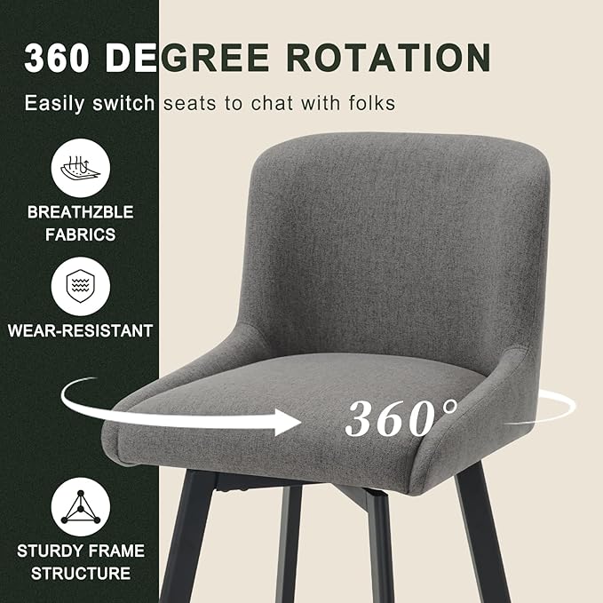 Swivel Bar Stools Set of 3, 30''H Upholstered Barstools with Backs, Modern Counter Height Bar Stool Chairs for Kitchen Island, Metal Legs, Fabric, Gray Counter Stools