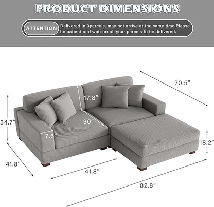 Modular Sectional Couches for Living Room, Modern Loveseat 2-Seater Sofa Couch with Ottoman, Upholstered Couches for Living Room Bedroom, Light Grey
