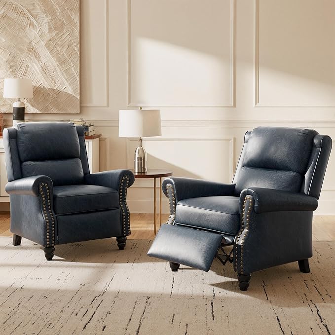 Lumibee Pushback Recliner Chair,Upholstered Wingback Chair for Small Spaces,2 Set of PU Leather Armchair for Living Room,Single Sofa Accent Chair Reading Seat for Balcony,Bedroom-Navy Blue