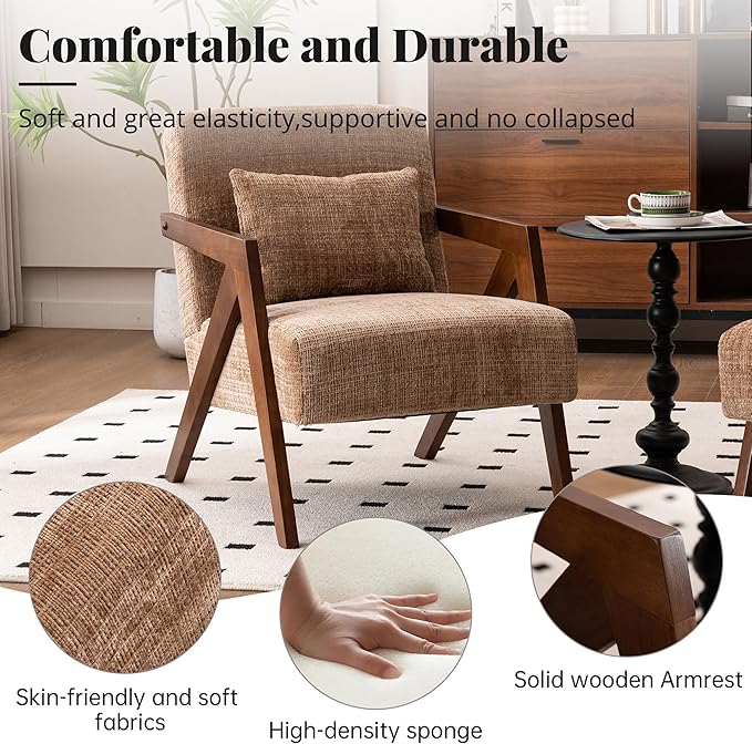 Mid-Century Modern Accent Chair with Solid Wood Frame，Upholstered Chenille Living Room Arm Chairs with Pillow for Bedroom, Living Room, Reading Room, Balcony, Brown