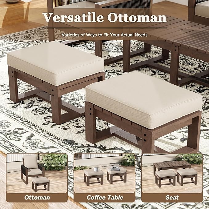 6 Piece Patio Furniture Set with 3-Seat Sofa, 2 Porch Armchairs, 2 Ottoman and 1 Coffee Table Wicker Outdoor Conversation Set for Garden, Terrace, Porch, Balconies, Lawns