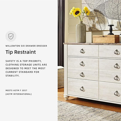 Signature Design by Ashley Willowton Coastal Cottage 6 Drawer Dresser with Faux Plank Top, Whitewash