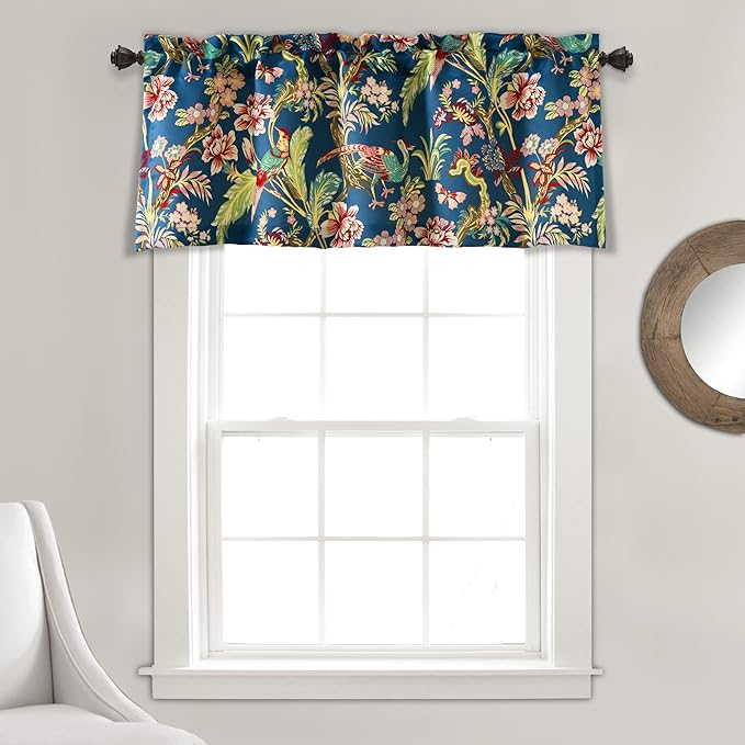 Lush Decor Dolores Light Filtering Valance Curtains Single, 52" W x 18" L Navy & Multi -Valances for Windows - Vintage Valance Floral - Coquette Decor
