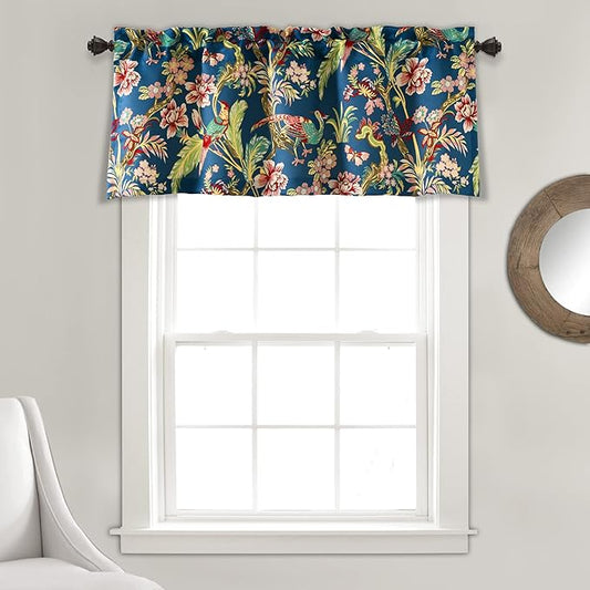 Lush Decor Dolores Light Filtering Valance Curtains Single, 52" W x 18" L Navy & Multi -Valances for Windows - Vintage Valance Floral - Coquette Decor