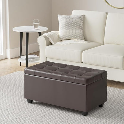 SIMPLIHOME Cosmopolitan Storage Ottoman - 34 inch Wide Upholstered Vegan Leather Rectangle Storage Ottoman Bench in Chocolate Brown, Transitional Tufted Ottoman for Living Room with Lift-Up Lid