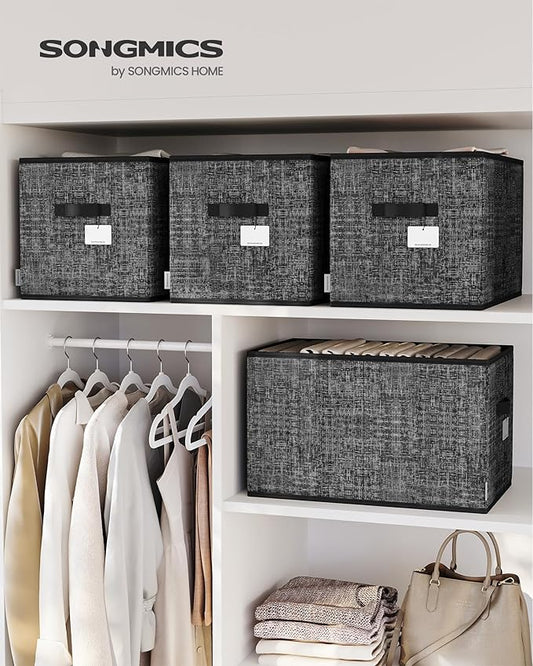 SONGMICS Storage Cubes, 19.7 x 11.8 x 11.8 Inches Non-Woven Fabric Bins with Double Handles, Set of 3, Closet Organizers for Shelves, Foldable, for Clothes, Ink Black UROB450B01