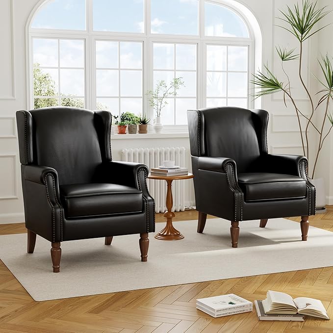 Accent Chair, Upholstered High Back Armchair with Nailhead Trim & Wood Legs, Comfy Wingback Reading Single Sofa Chair for Small Spaces, Living Room, Bedroom, Leather Black, Set of 2