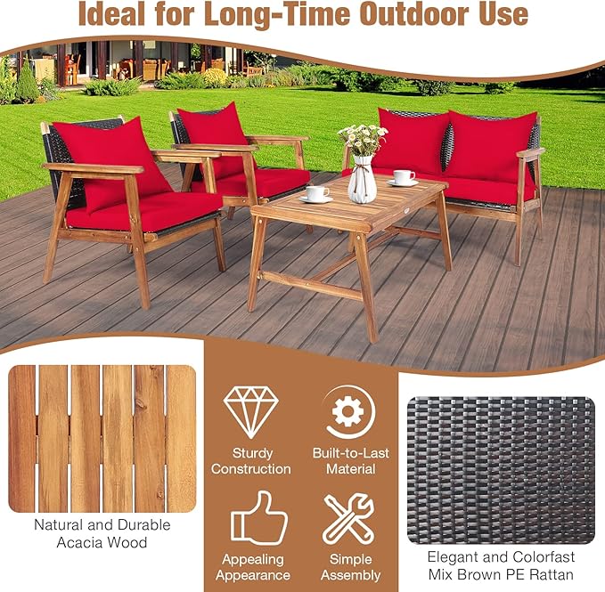 COSTWAY 4 Pieces Acacia Wood Patio Conversation Set, Outdoor Wicker Sofa with Coffee Table & Cushions, Patio Rattan Furniture Set for Yard, Porch, Poolside, Balcony, Backyard, Red