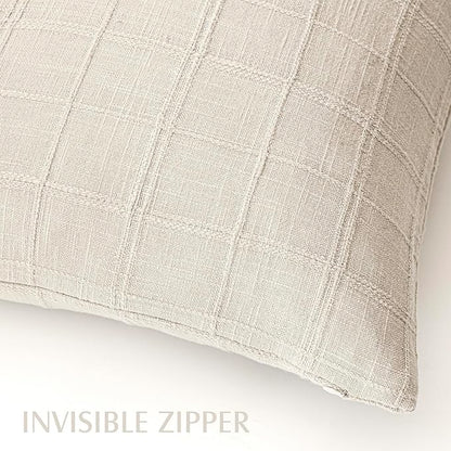 Foindtower Set of 2 Decorative Linen Check Throw Pillow Covers Neutral Farmhouse Vintage Cushion Covers Modern Boho Home Decor for Sofa Chair Couch Bedroom Living Room,22×22 Inch,Natural Beige