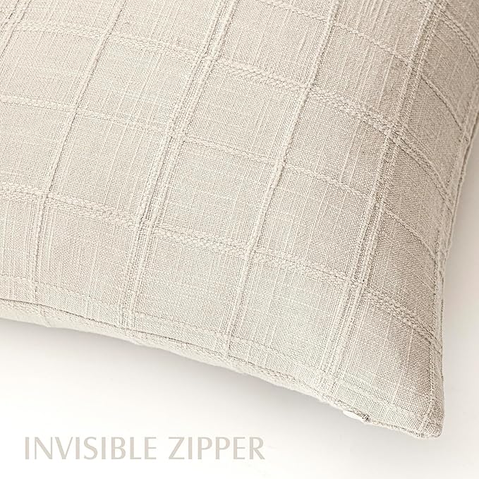 Foindtower Set of 2 Decorative Linen Check Throw Pillow Covers Neutral Farmhouse Lumbar Cushion Covers Modern Boho Home Decor for Sofa Chair Couch Bedroom Living Room,12×24 Inch,Natural Beige