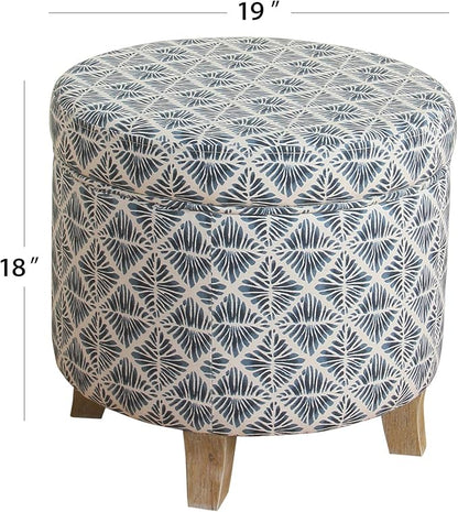 Homepop Home Decor | Upholstered Round Storage Ottoman | Ottoman with Storage for Living Room & Bedroom with Flared Legs, Navy Blue Geometric Pattern Large